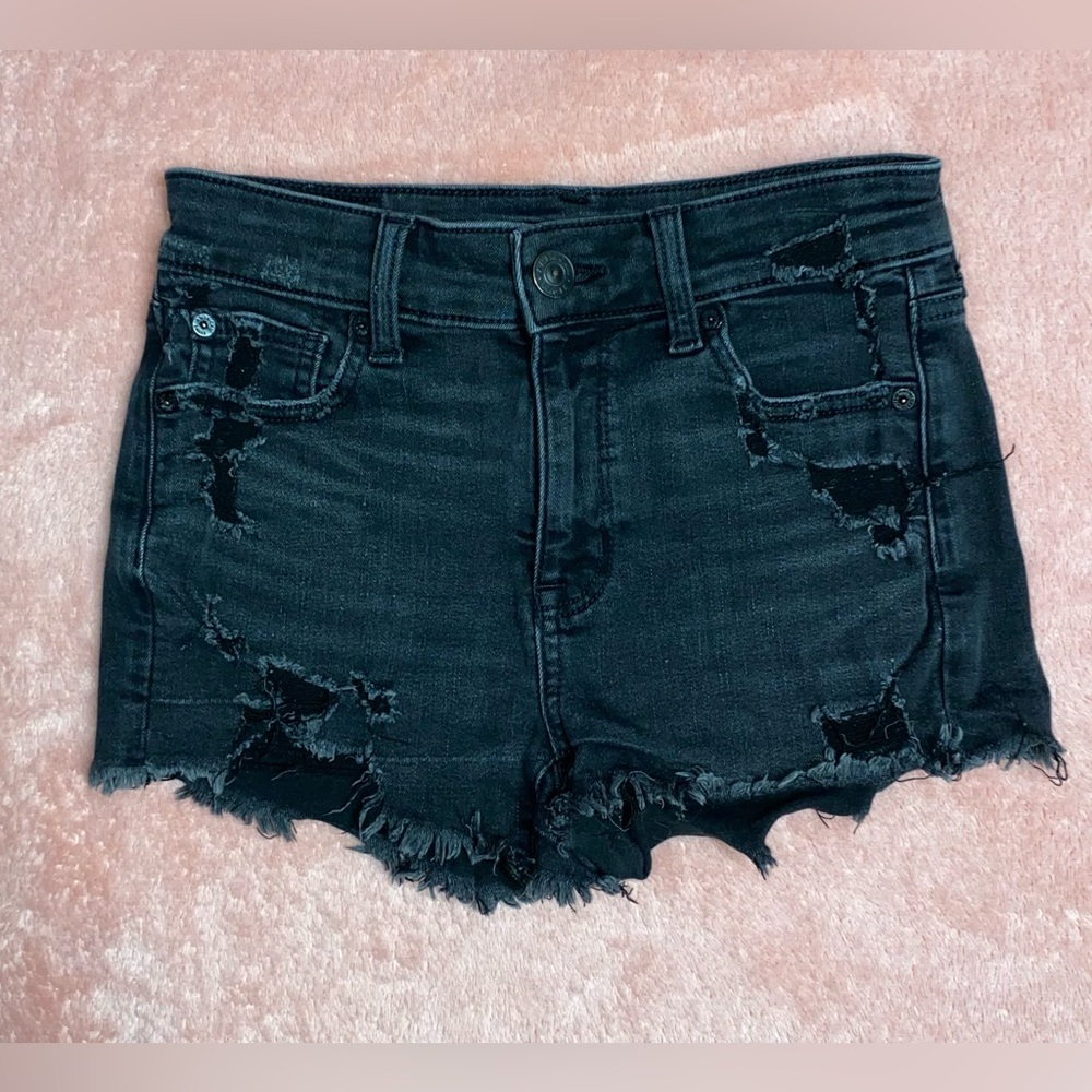 American Eagle Black Distressed Next Level Stretch Denim Shorts, Size 0